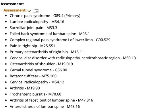 The Assessment section of the same eCW note: sixteen diagnoses with specific ICD-10 codes, from chronic pain syndrome G89.4 and lumbar radiculopathy M54.16 to anterolisthesis of lumbar spine M43.16.