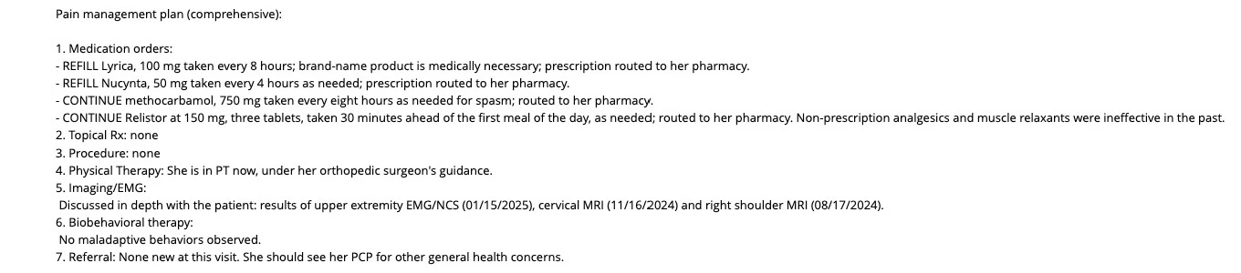 The seven-part pain management plan under Chronic pain syndrome in the same eCW note: medication orders with refill and continue lines, topical Rx, procedure, physical therapy, imaging and EMG discussed, biobehavioral therapy, referral.